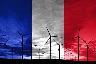 France flag wind farm at sunset, sustainable development, renewable energy Wind Turbines