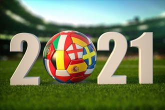 Euro 2021. Soccer Football ball with flags of european countries on the grass of football stadium. 3d illustration