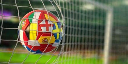 Football ball with flags of european countries in the net of goal of football stadium. Euro championship 2021. 3d illustration