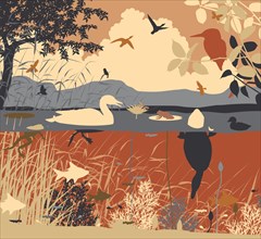 EPS8 editable vector illustration of diverse wildlife in a freshwater ecosystem with all figures as separate objects