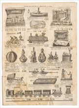 Vintage victorian toys collection. Old engraved picture.  Antique googs shop advertising, page of original shopping catalog La Samaritaine, Paris, Fra