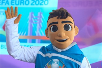 Bucharest, Romania - May 24, 2019: Skillzy, the official mascot for the Euro 2020 football tournament, is seen during a presentation at the National A