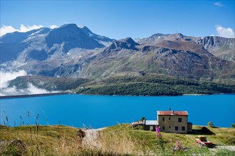 Summer view of the artificial Mont Cenis Lake, in the Savoy department near Lanslevillard, Rhone-Alpes, France near the italian border