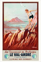 Restored vintage travel poster. Les vacances en Bretagne Le Val André by André Galland (1886-1965), France. Poster published in 1930.