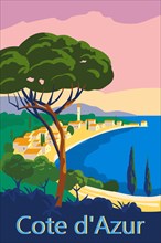 Cote d Azur of France Travel poster retro old city Mediterranean sea vacation Europe. Holiday summer voyage seaside sunset. Vintage style vector