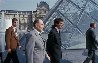 France Paris President Francois Mitterand at the opening of the Pyramid of the Louvre museum 29 March 1989, architect I. M. Pei.