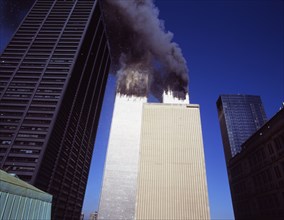 September 11 2001 the burning of the World Trade Center buildings as seen from east side of Manhattan