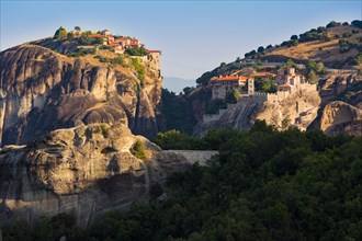 Meteora, Thessaly, Greece.  Varlaam monastery (left) and The Great Meteora monastery (right).