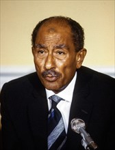 Anwar Sadat the President of Egypt conducts a press conference in the sitting room of the Blair House during his state visit to the White House in Washington DC., August 6, 1981. Photo by Mark Reinst...