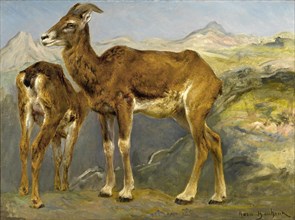 Bonheur  Rosa - a Sketch of Two Mountain Goats in a Landscape