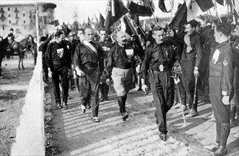 March on Rome 1922 From left to right: Italo Balbo, Benito Mussolini, Cesare Maria de Vecchi and Michele Bianchi in 1922