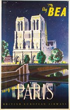 Paris, vintage travel poster by British European Airways, BEA, 20th Century