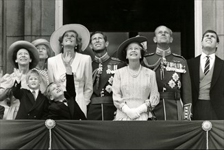 The Royal Family watching a flypast from a balcony at Buckingham Palace to mark the Queens birthday in October 1989