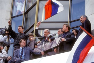 Yeltsin and his supporters in front of the "White House"(Russian Parliament) in aftermath of the coup, 1991