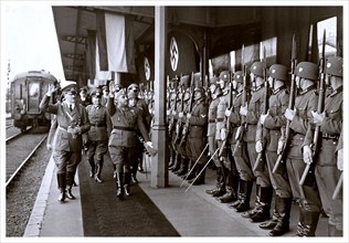 Adolf Hitler and Francisco Franco of Spain meet in Gare d'Hendaye in occupied France, October 1940 to discuss possible joint WW2 operations
