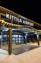Exterior at night of Kittila Airport, Levintie, Kittilä, Lapland, Finland, taken at Christmas 2017
