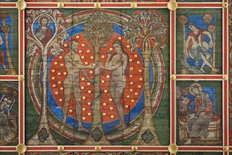 Adam and Eve. Detail of the Tree of Jesse depicted in the wooden ceiling from ca. 1230 in Saint Michael's Church (Michaeliskirche) in Hildesheim in Lower Saxony, Germany.