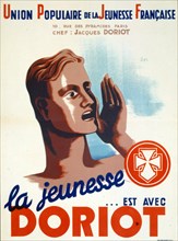 World War two, Collaborationist French propaganda poster for Jacques Doriot (1898 - 1945), a French politician prior to and during World War II. He began as a communist but then turned fascist. In 192...