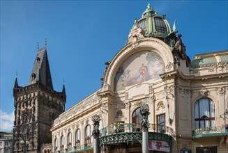 Exterior section of Municipal House, Prague, Czech Republic, a historic art nouveau building located in the Old Town, Prague.