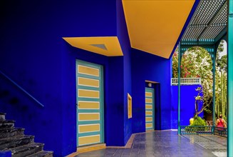 Villa with the famous cobalt blue colour at the centre of the Majorelle Garden.It was built 1923,later rediscovered by Yves Saint Laurent.Morocco.
