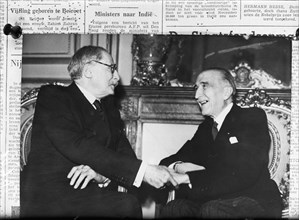 Leon Blum, prime minister of the provisional government of France, and A. Champetier de Ribes, President of the Conseil de la Republique Date: December 31, 1946 Location: France Keywords: councils, go...