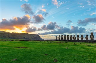 The Moai statues of Ahu Tongariki at Sunrise, Rapa Nui (Easter Island), Chile.