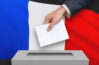 Election in France - voting at the ballot box. The hand of man is putting his vote in the ballot box. 3D rendered illustration.