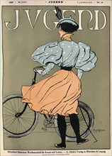 Cover of Jugend art magazine, Young woman cyclist with bicycle Victorian Art Nouveau Jugendstil