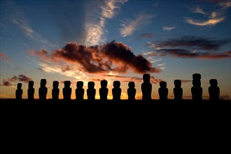 Ahu Tongariki, on the south coast of Easter Island, Rapa Nui, South Pacific, Polynesia, Tongariki at dawn, sunrise