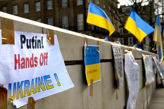 Pro-Ukrainian demonstrators in Whitehall opposite Downing Street, protesting against Russia's involvement in Crimea. 4th March 2014