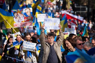 London, UK. 16th March 2014. Over a thousand mainly Ukrainians and their supporters march to the Russian Embassy, protesting against Putin's  "imperialist aggression" as he holds his in/out referendum...