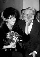 Actress Sophia Loren shares a laugh with Maurice Chevalier
