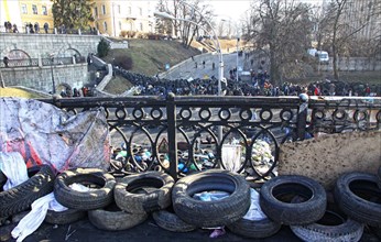 KYIV, UKRAINE - FEBRUARY 21, 2014: Barricades on Institutska street during anti-government protests in Kyiv