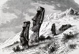 Engraving depicting the Moai, the monolithic human figures carved by the Rapa Nui people on Easter Island. Dated 19th Century