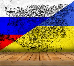 Ukraine and Russia flag painted on grunge wall with wooden floor