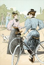 Bicycling The Ladies of the Wheel, 1896 Series: Paris Capital of the 19th Century . The woman holding the bicycle is wearing a short dress over dark leggings. Her dress retains the style of the epoque...