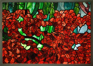 Art Nouveau stained glass window entitled 'Wienerwald' ('Vienna Woods') by Austrian artist Adolf Michael Boehm (Adolf Böhm) in the former Wagner Villa I in Vienna, Austria. The villa designed by Austr...