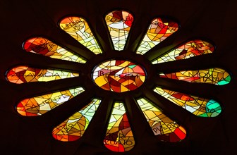 The stained glass windows inside of La Sagrada Familia in Barcelona, Spain