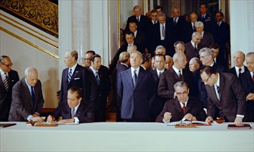 May 26, 1972. President Nixon and General Secretary Brezhnev signing the (SALT 1) ABM Treaty (Limitation of Anti-Ballistic Missile Systems) and the Interim Agreement on strategic offensive arms in Mos...
