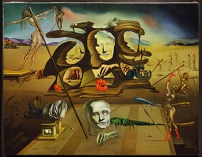 Painting by Spanish surrealist painter Salvador Dalí entitled 'Napoleon's nose, transformed into a pregnant woman, strolling his shadow with melancholia amongst original ruins' (1945) on display in th...