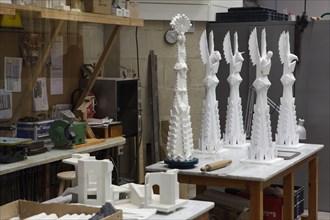 Scale models of pinnacles for the towers of the Evangelists of the Sagrada Família (Basílica de la Sagrada Família) displayed in the scale model workshop under the Sagrada Família in Barcelona, Catalo...