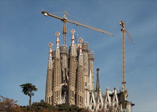Construction works on the Sagrada Família (Basílica de la Sagrada Família) designed by Catalan modernist architect Antoni Gaudí in Barcelona, Catalonia, Spain. The actual stage of the construction wor...