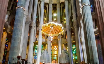 Interior of the Basilica de la Sagrada Famlia, also known as the Sagrada Famlia in Barcelona, Spain