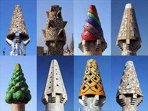 A collage of 8 colorful chimneys on Palau Guell, Barcelona, Spain designed by Antoni Gaudi.
