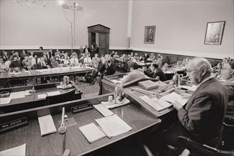 House Banking Committee hearing on Watergate Incident. Headshots of Committee, Wright Patman (D-Tex) and Bill Frenzel (R-Minn). October 12, 1972Photo