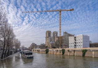 Paris, France - 02 12 2021: View of Notre Dame de Paris from the Quays of the Seine during the Seine flood