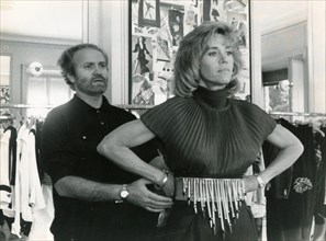 Italian fashion stylist Gianni Versace and American actress Jane Fonda at the Milan fashion show, 1989