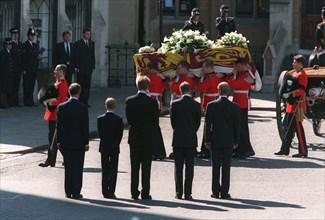 Prince Philip, Duke of Edinburgh, Prince William, Earl Spencer, Prince Harry and Prince Charles, Prince of Wales follow the coffin of Diana, Princess of Wales at her funeral on September 6, 1997 in Lo...