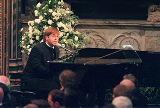 Sir Elton John sings 'Candle In The Wind' at the funeral of Diana, Princess of Wales on September 6, 1997 in London.