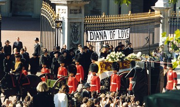 The coffin of Diana, Princess of Wales leaves Buckingham Palace for her funeral at Westminster Abbey on September 6, 1997.